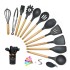 Silicone kitchen tool set of 17 pieces, wooden handle silicone kitchenware storage bucket set of 11 pieces, silicone kitchenware set