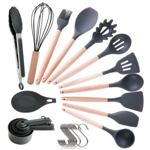 22 piece set of non stick pan, spatula, spoon tool set, soup scoop, hedge spoon, cooking silicone wood handle kitchenware