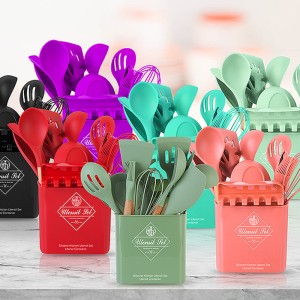 12 piece set of silicone kitchen utensils with wooden handles, non stick pan, stir fry spatula, kitchen tools, spatula storage rack, cooking spatula and spoon set