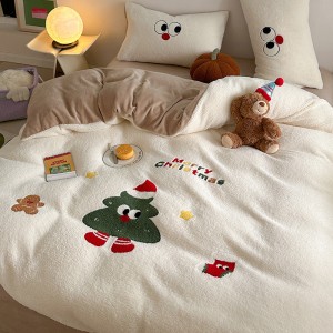 Winter Thick Milk Velvet Four Piece Set ins Cute Cartoon Sheep Velvet Towel Embroidered Bed Sheet Bedding Set