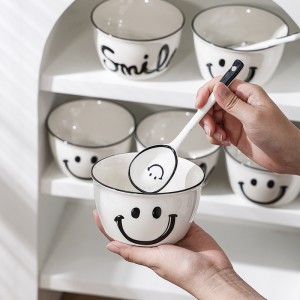 Ceramic Bowl Cute Rice Bowl Smiling Face Ins Wind Bowl Household Set High Beauty Tableware Instant Noodles Bowl Soup Bowl Batch