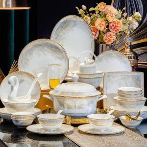 Wanjia 2024 New Jingdezhen Light Luxury Ceramic Tableware Set, Bowl and Dish Set, Household Bowl and Dish Set