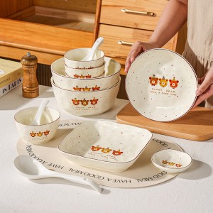 Cute cartoon ceramic bowl, household tableware, polka dot teddy bear, children's couple rice bowl, high aesthetic value bowl and plate set, dining plate